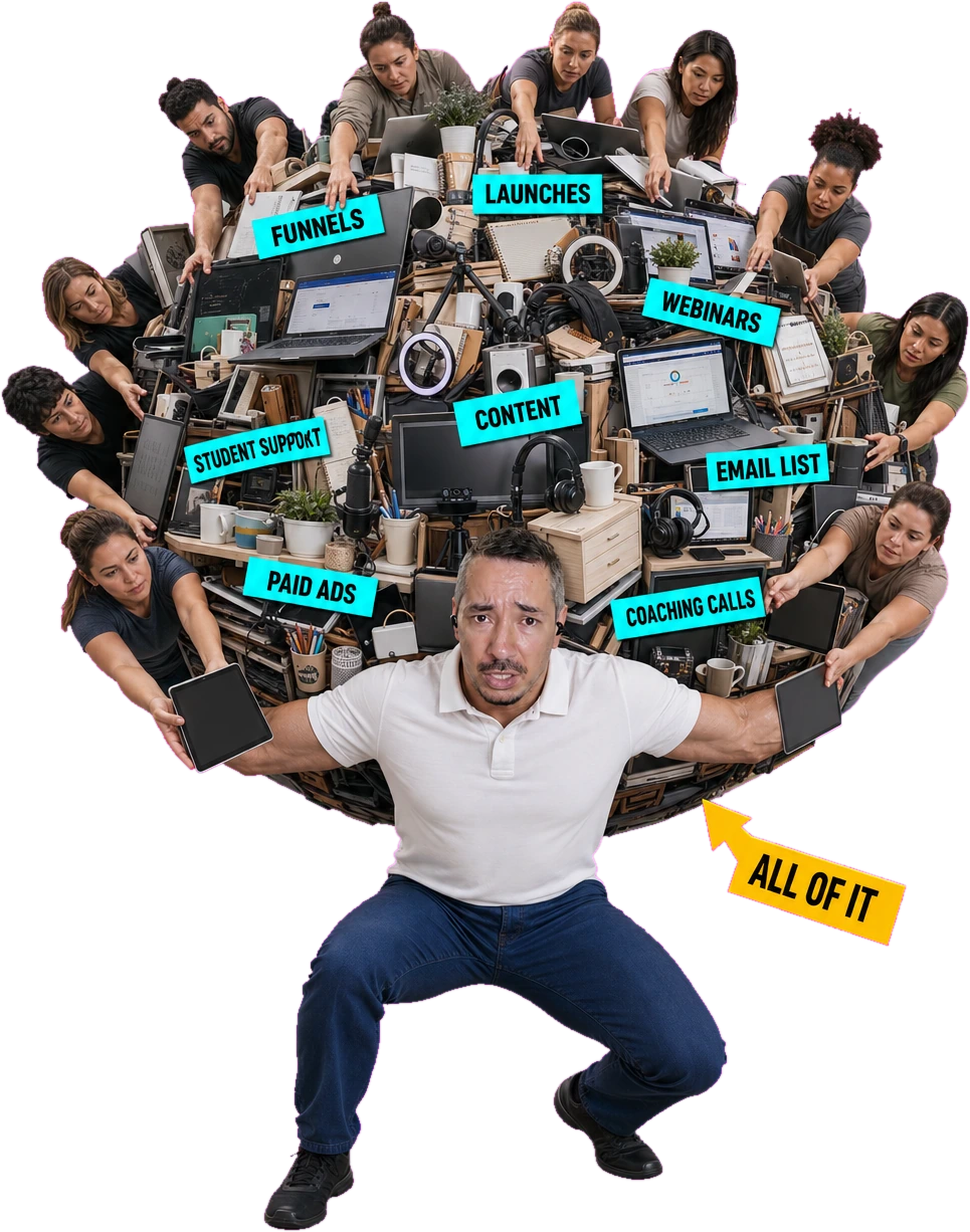 A founder squatting under a globe built from filing cabinets labelled Sales, Hiring, Finance, Support, Delivery, Marketing and Operations, with staff on every side holding out paperwork, and an arrow reading ALL OF IT