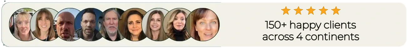 Nine client faces from their video testimonials, a five-star rating, and the line: 150+ happy clients across 4 continents