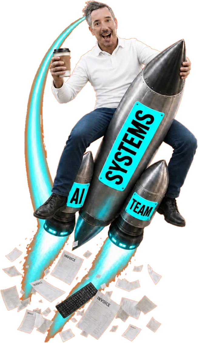 Janez riding a rocket labelled SYSTEMS, with AI and TEAM boosters, leaving invoices and a keyboard behind