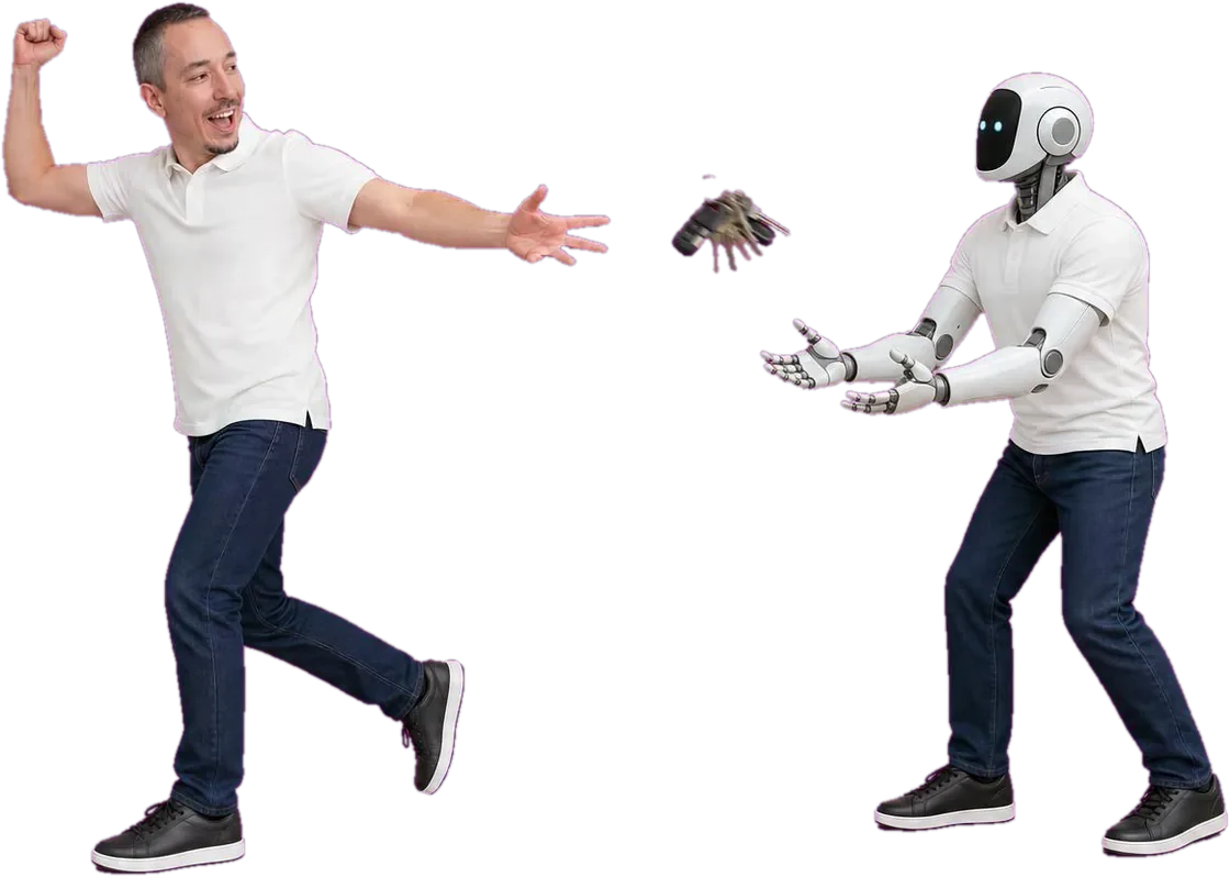 Throwing the keys to a robot dressed in his own polo and jeans, walking away with a fist in the air