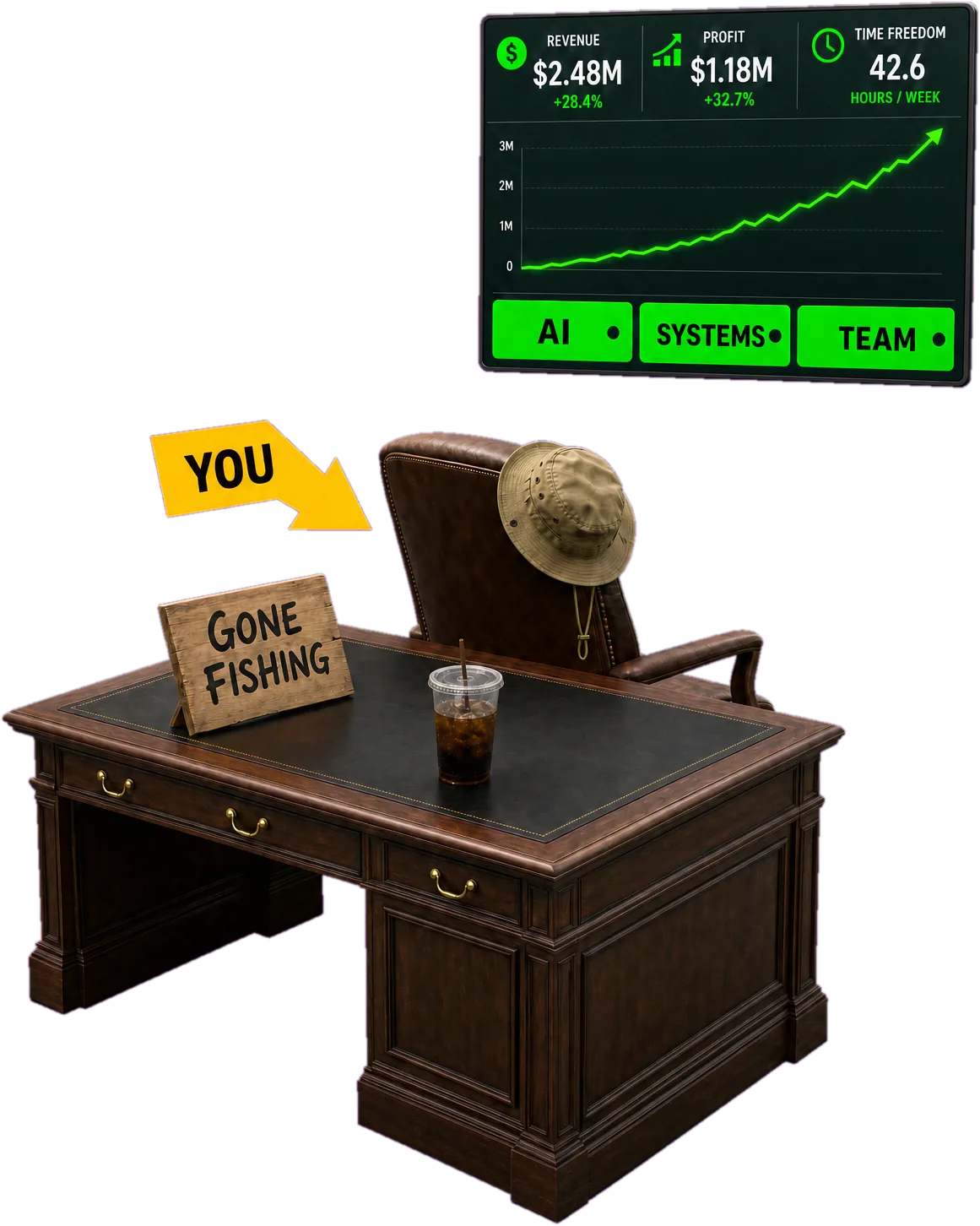 An executive desk with a GONE FISHING sign on it, an empty leather chair with a sun hat on the back, and a dashboard on the wall showing revenue and profit climbing while the owner is away